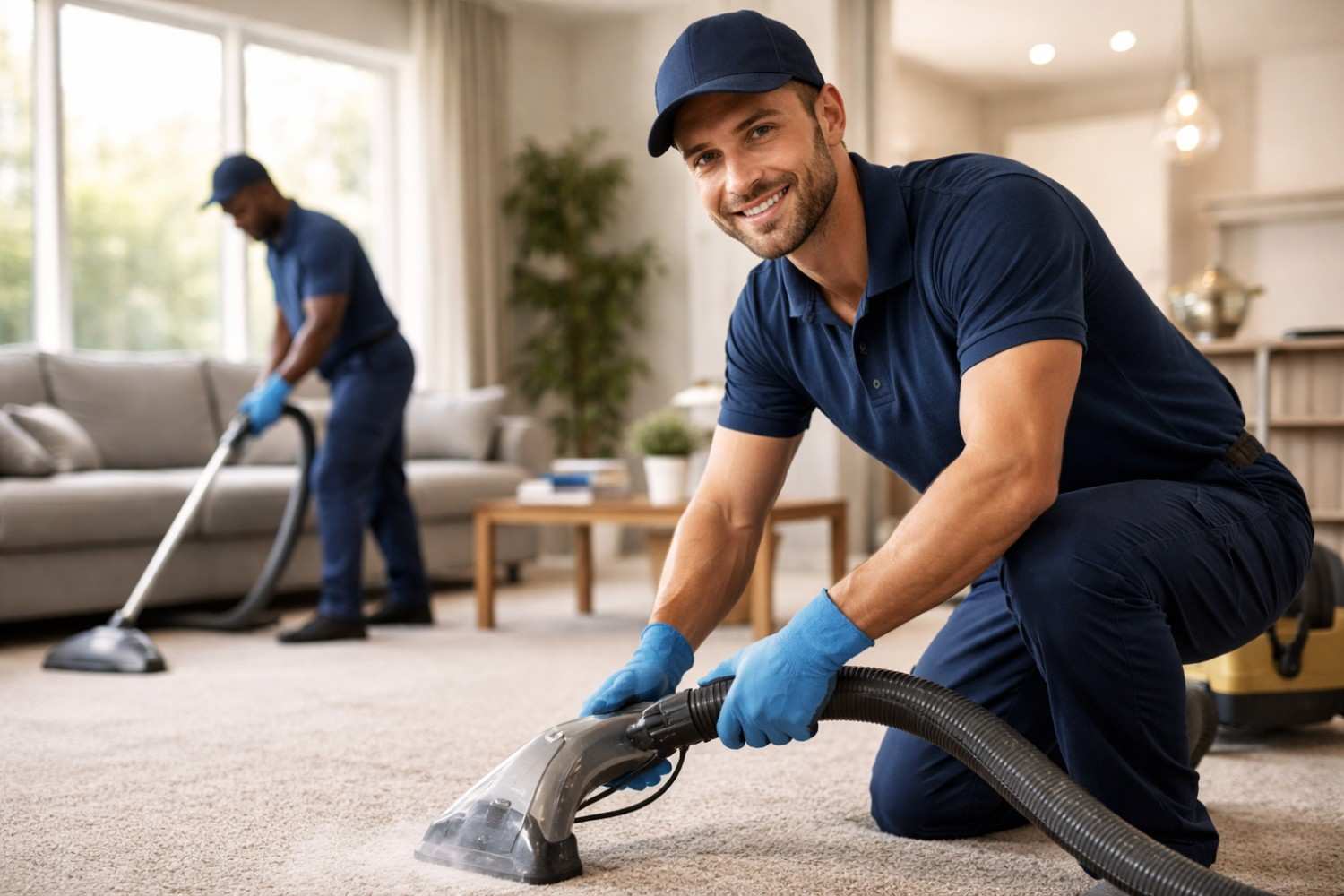 A smiling professional in a blue uniform, cap, and blue gloves kneels in the foreground using a steam carpet cleaning wand, while a second worker in a matching uniform cleans the carpet in the blurred background of a bright living room