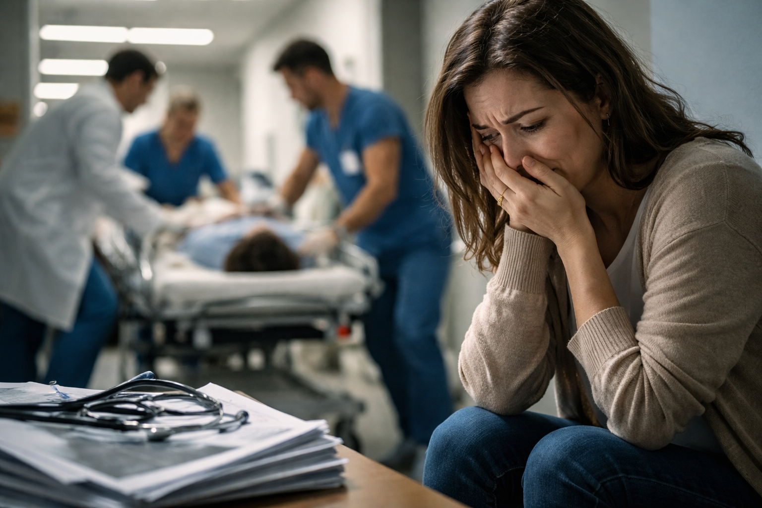 A distressed woman sits in a hospital corridor covering her mouth with her hands, while medical personnel rush a patient on a gurney in the blurred background behind a desk with medical files and a stethoscope.