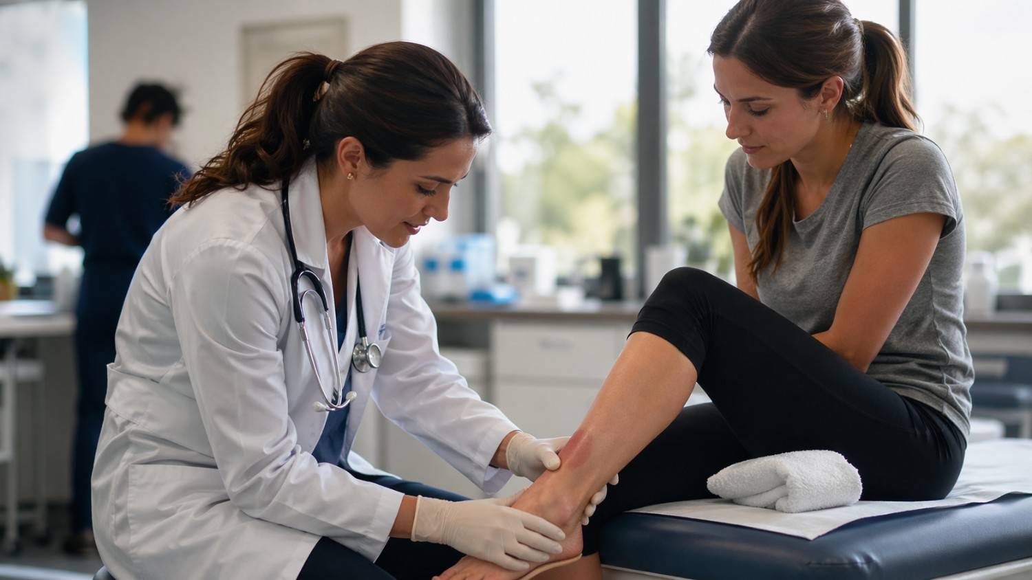 Doctor examining patient’s injured leg during clinic visit.