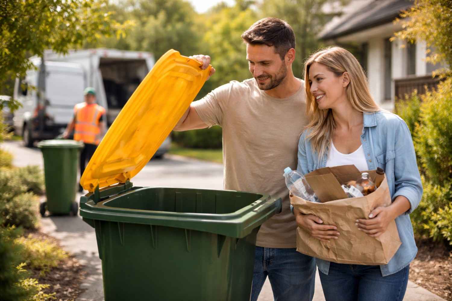 A smiling man lifts the yellow lid of a green recycling bin as a smiling woman beside him holds a paper bag filled with plastic bottles and cardboard, with a blurred sanitation worker and garbage truck visible in the sunny residential background