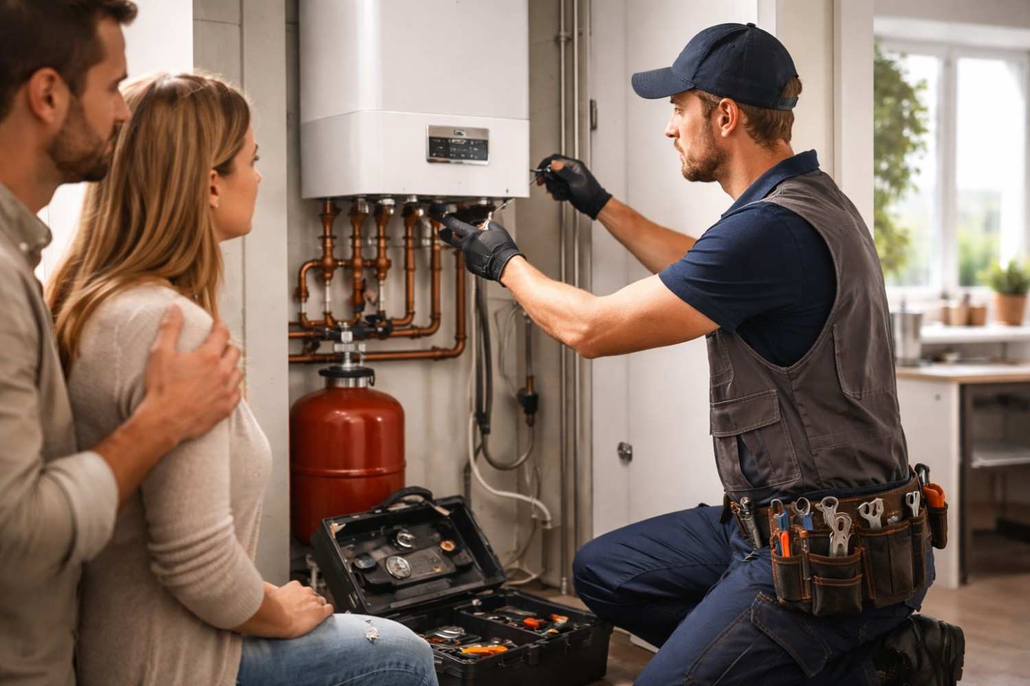 A focused technician wearing a blue cap, grey vest, and toolbelt kneels to work on the copper piping beneath a wall-mounted white boiler, while a couple watches him closely next to an open toolbox on the floor.