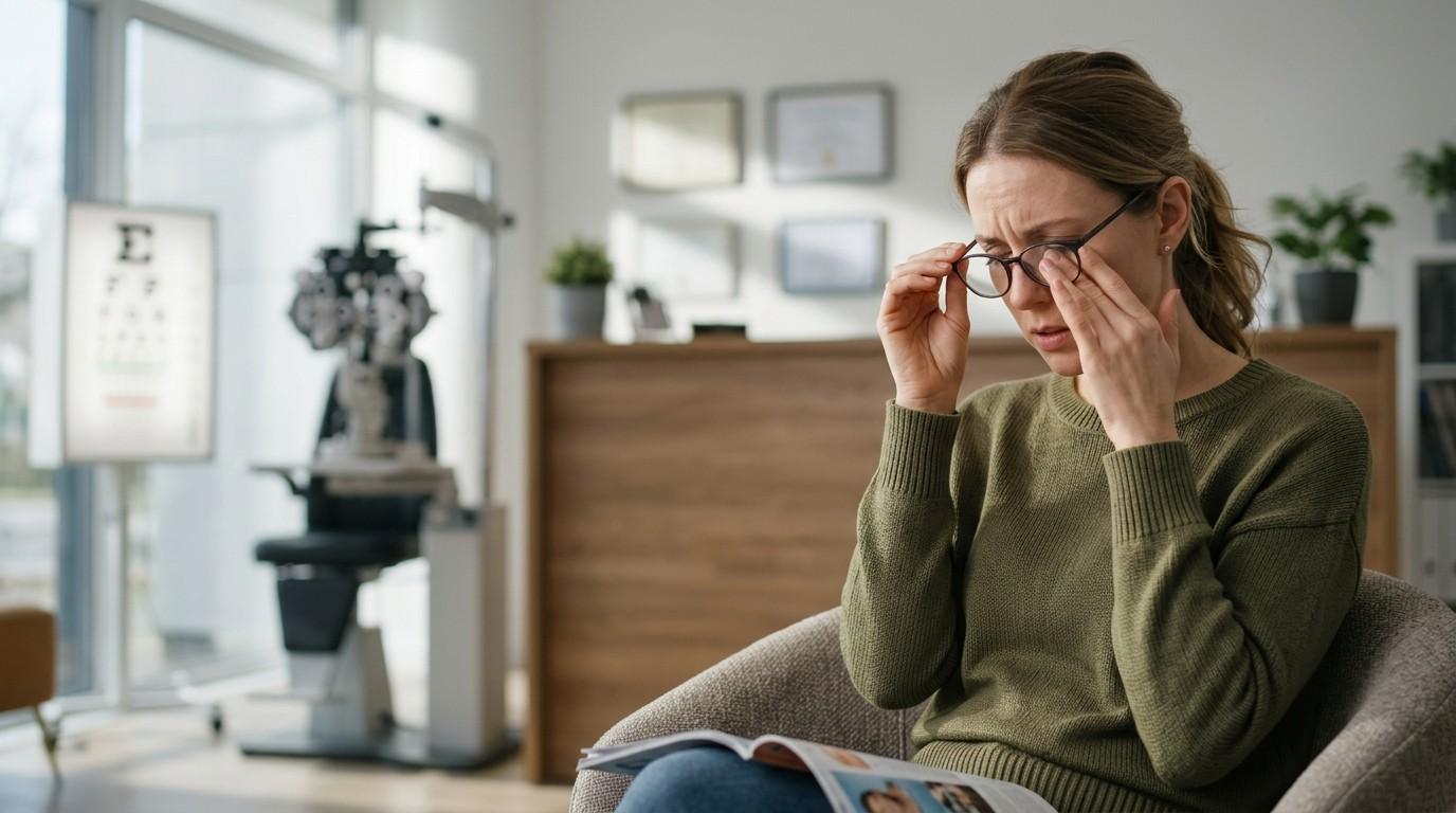A woman experiences eye strain and blurry vision while wearing glasses in an optometry clinic waiting area.