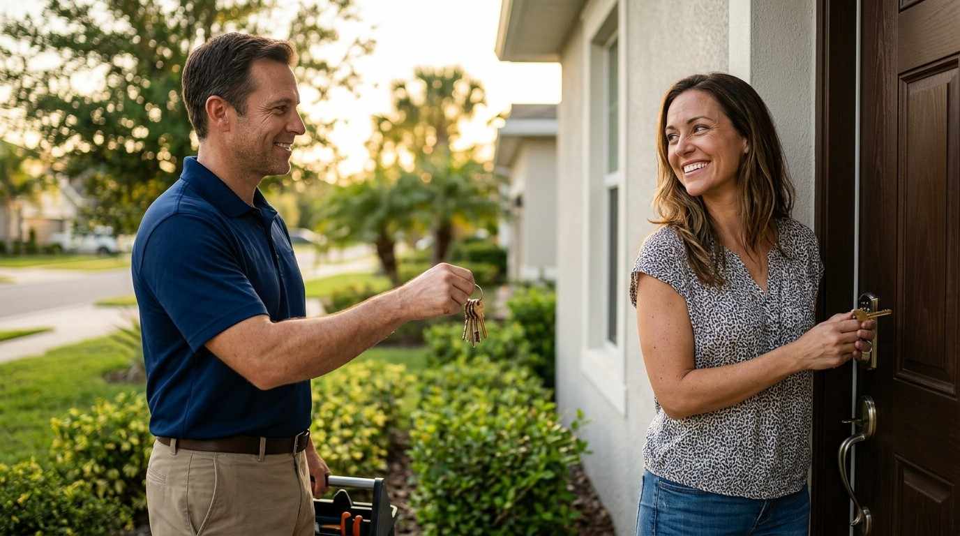 Locksmith handing house keys to homeowner unlocking front door.