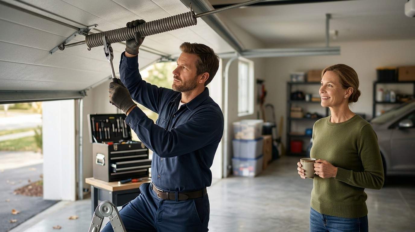 A technician tightens a garage door spring while a homeowner watches nearby.