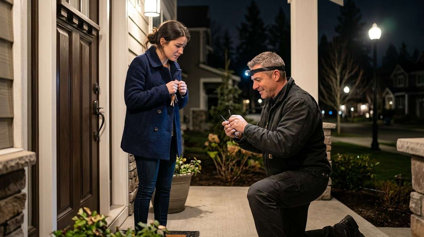 An emergency locksmith unlocks a residential door for a homeowner late at night.