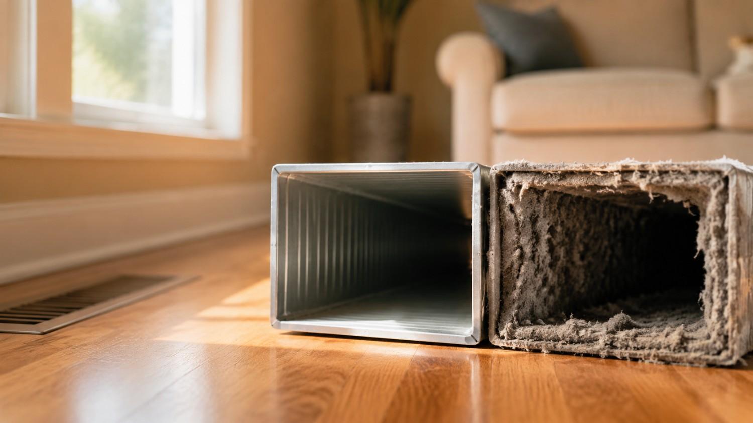 Clean and dirty HVAC air ducts compared side by side.