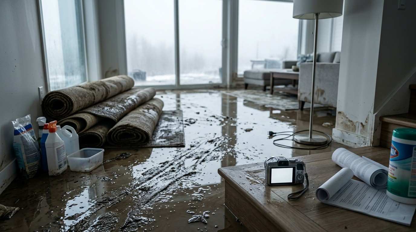 Flood-damaged living room with standing water, rolled carpets, and cleanup supplies awaiting restoration.