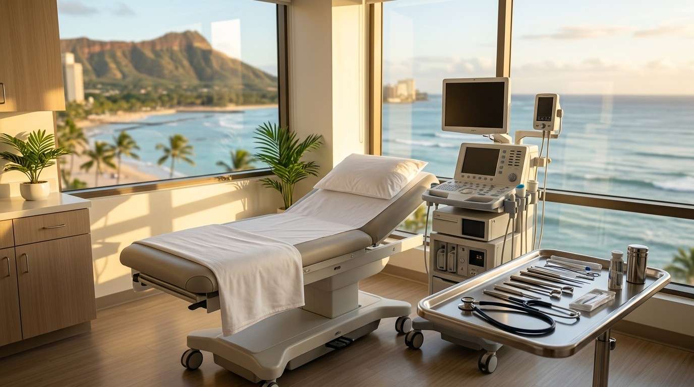 Modern medical examination room with advanced equipment overlooking Waikiki in Honolulu.