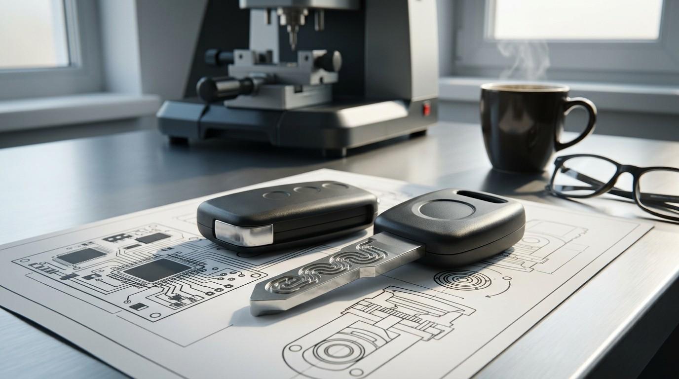 Car key and key fob on an electronics workbench.