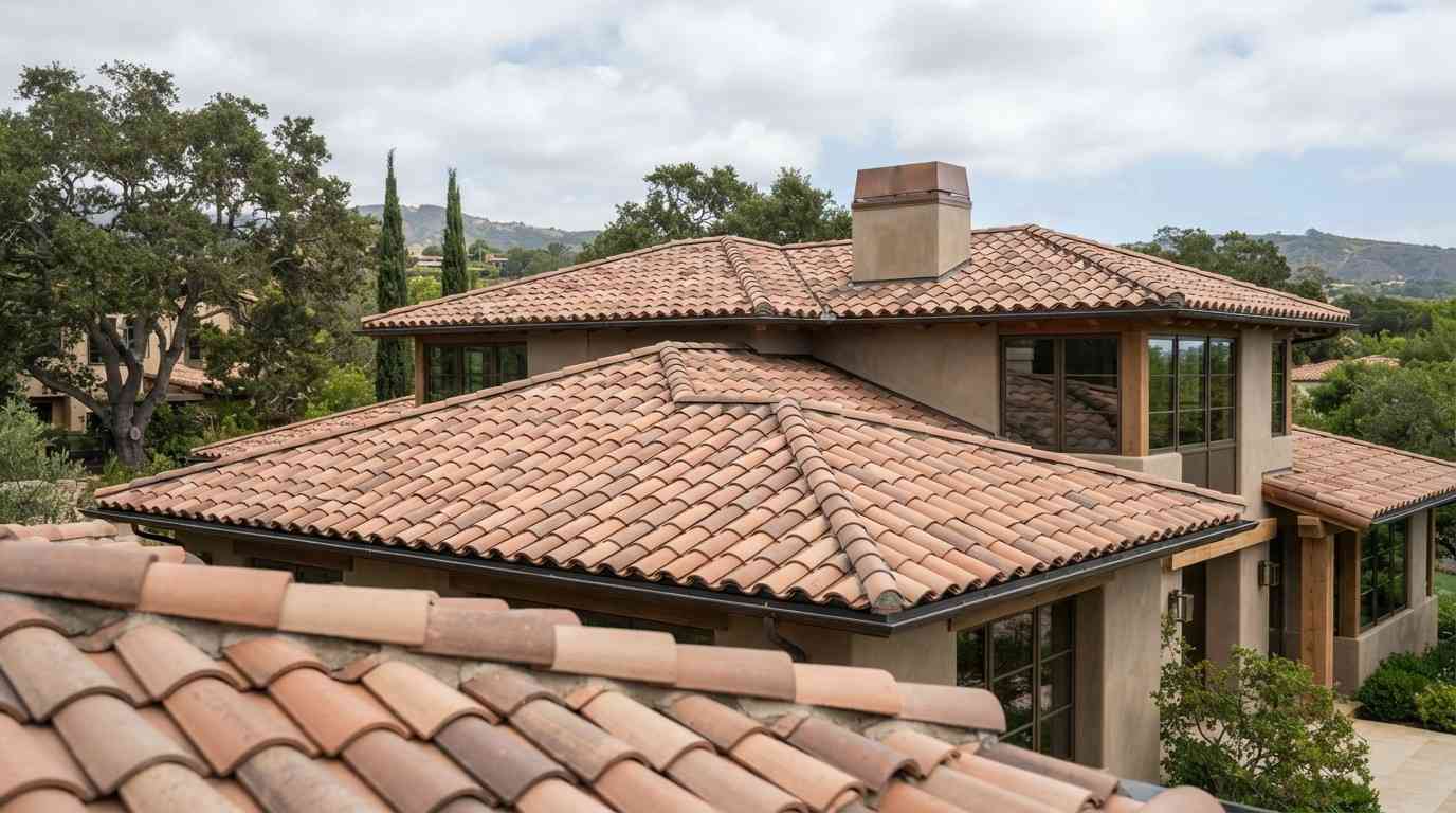 Clay tile roof installed on a luxury residential home with durable roofing design