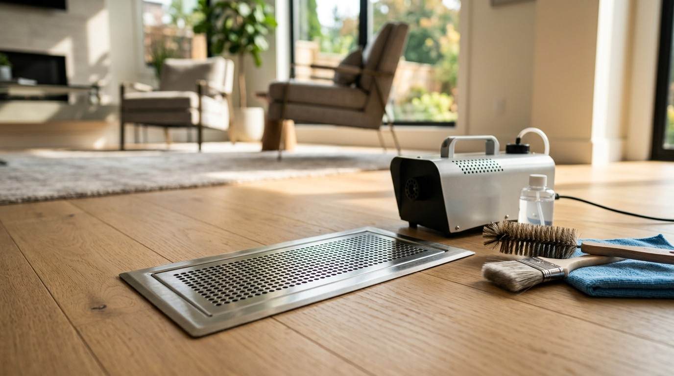 Residential floor air vent with professional cleaning equipment, brushes, and microfiber cloths in a clean living room.