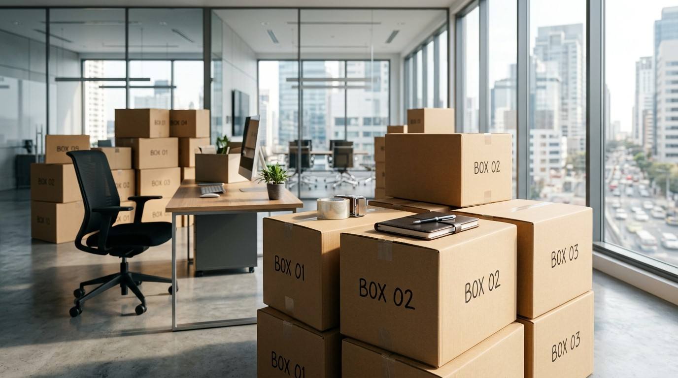 Cardboard boxes labeled for relocation stacked throughout a modern office with desks, chairs, computers, and floor-to-ceiling windows.