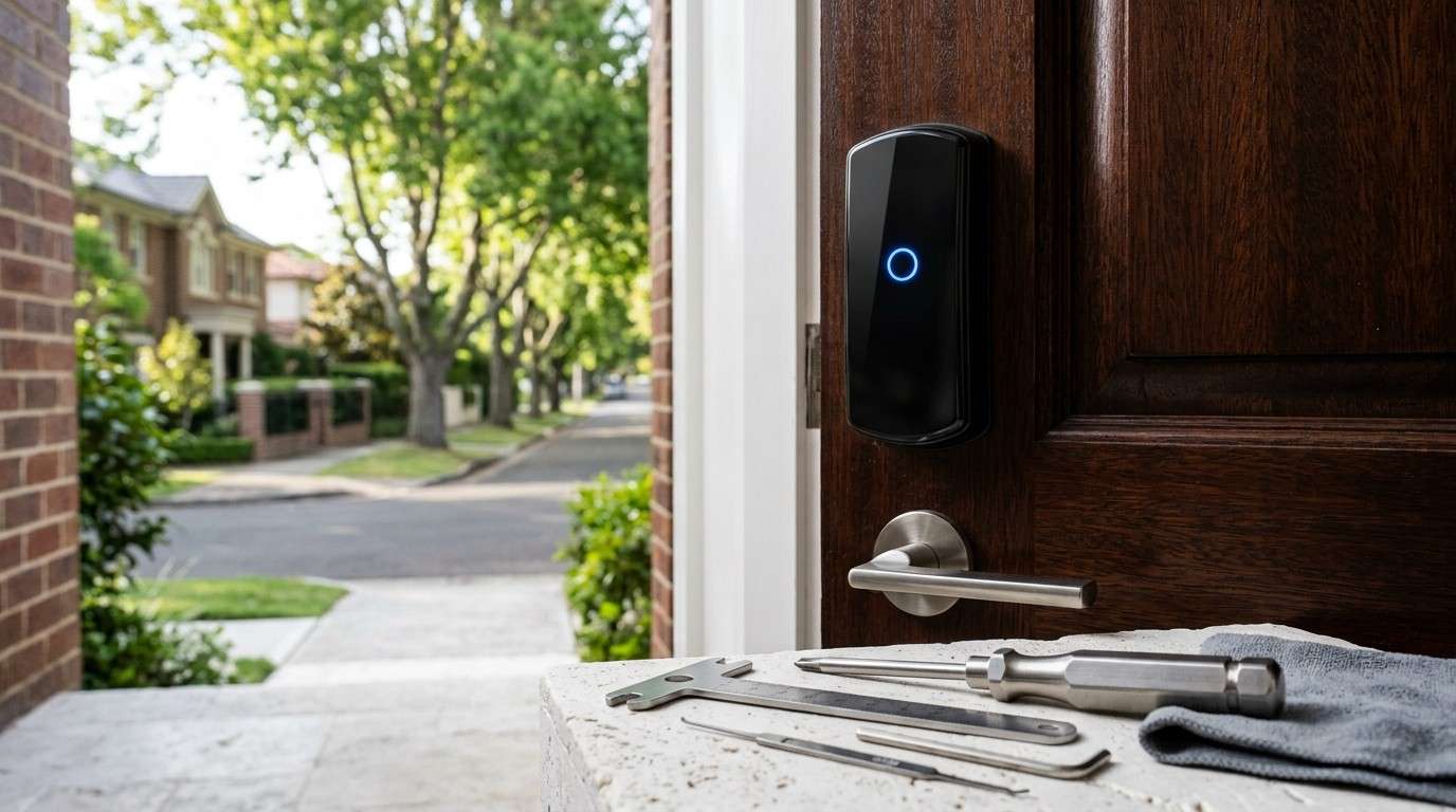 Smart electronic door lock with a blue illuminated indicator and modern lever handle on a dark wooden front door, with locksmith tools arranged on a stone ledge outside.