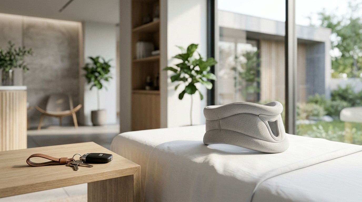 Bright modern chiropractic treatment room featuring a white treatment table with a cervical neck support cushion, surrounded by natural light, plants, and a wooden side table.