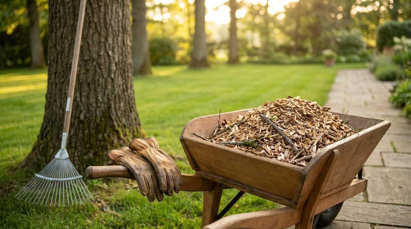 Wheelbarrow filled with wood chips beside a landscaped lawn, with garden gloves and a leaf rake ready for cleanup.